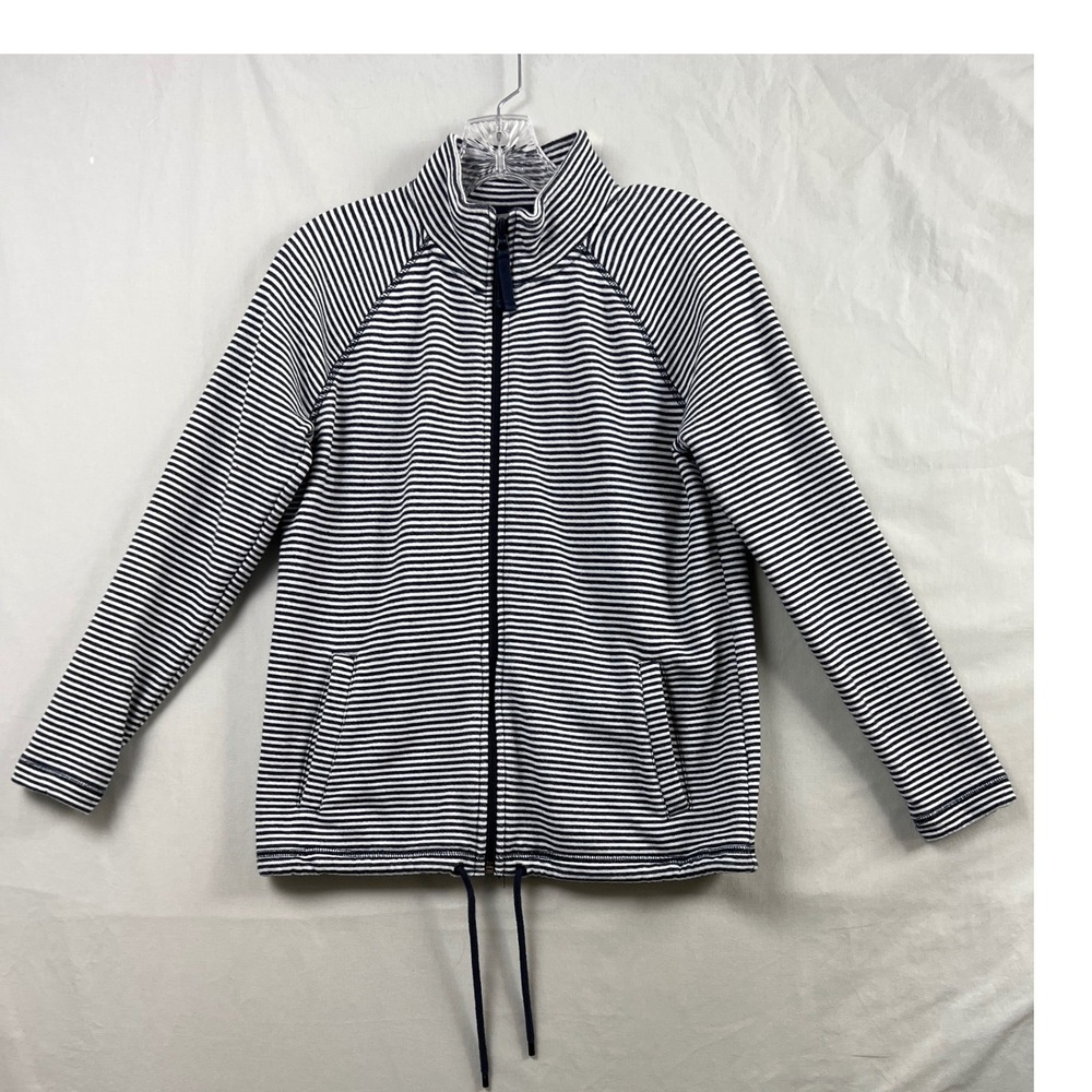 T by Talbots Jacket Women Sp Navy White Striped Full Zip Drawstring French Terry